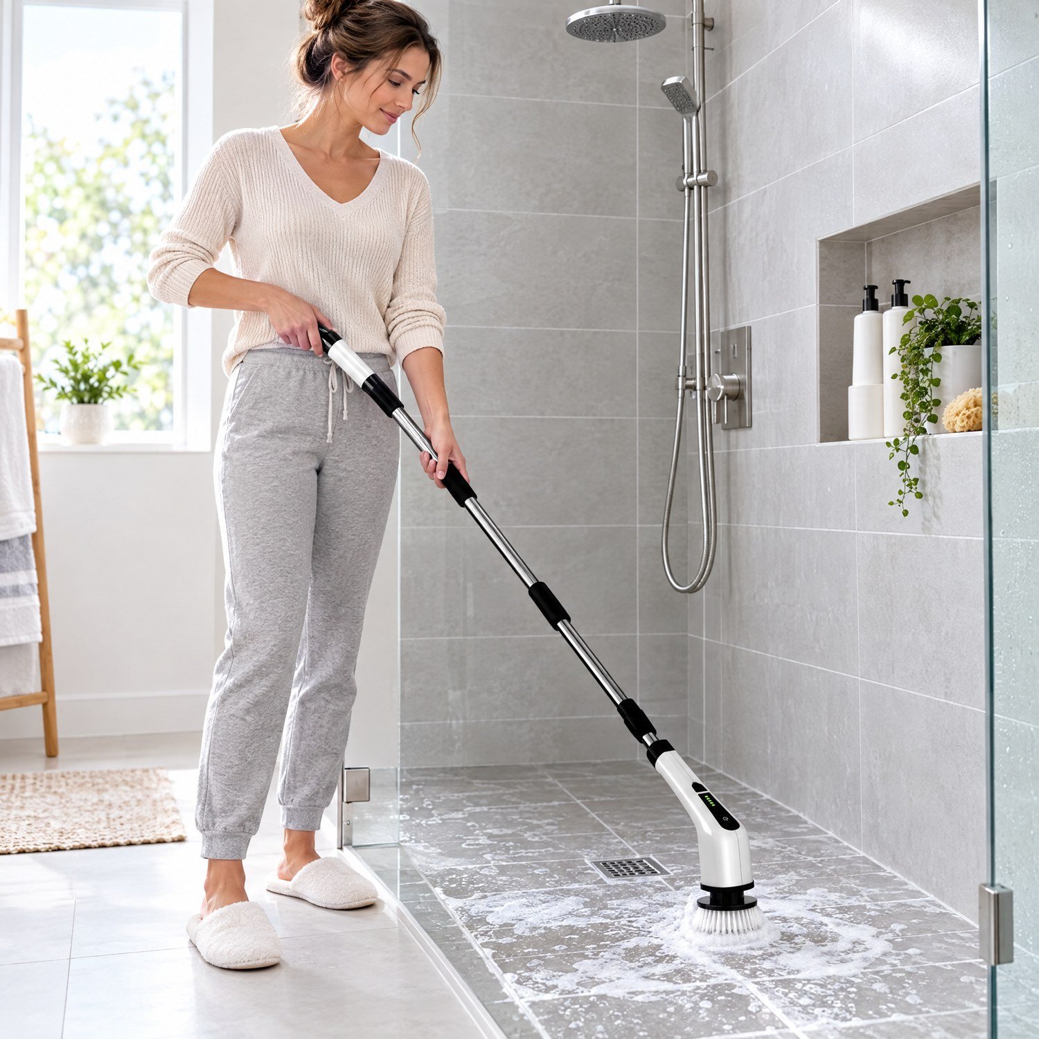 Mujer limpiando el piso de la ducha de pie con el cepillo eléctrico