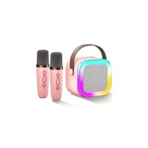 Parlante karaoke rosado con luces de colores y dos micrófonos