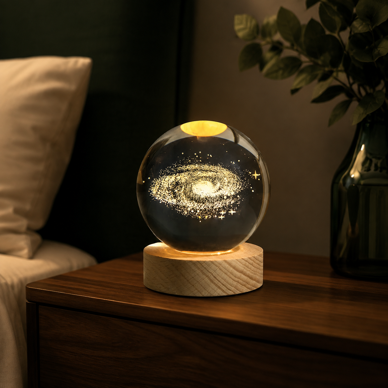 Lámpara galaxia de cristal iluminada sobre una mesa de noche