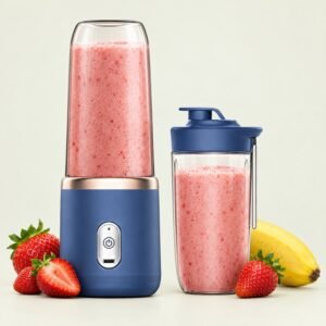 Licuadora portátil recargable azul 400 ml con smoothie de frutilla, foto de estudio