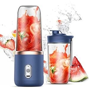 Licuadora portátil recargable azul con vaso de 400 ml y frutas