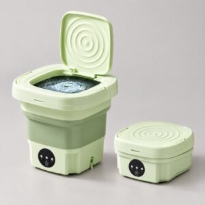 Mini lavadora plegable verde abierta y otra plegada